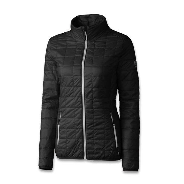 A black insulated women's jacket with a high collar, featuring a zip front and side pockets. It has a logo on the sleeve.