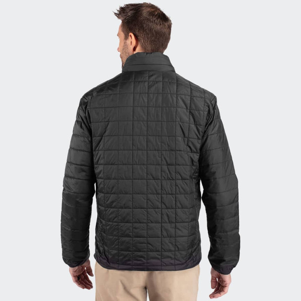 A men's jacket in black with a quilted design, featuring a high collar and branding on the back.