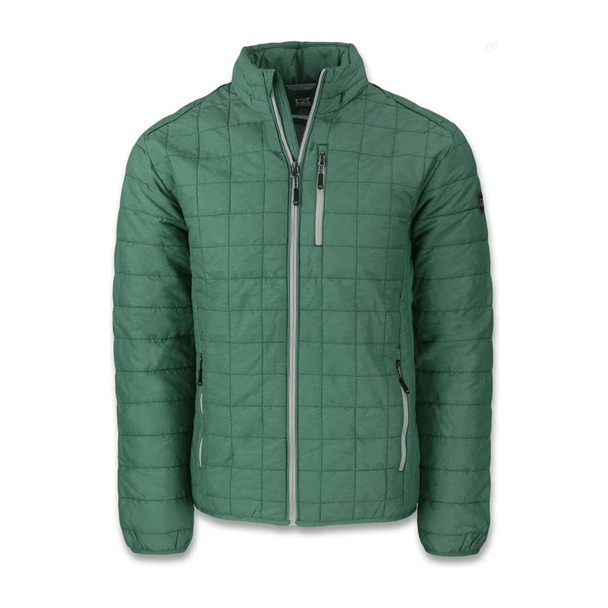 A green quilted men's jacket with a zip front and two side pockets, featuring branding.