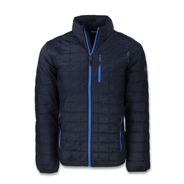 A navy blue men's jacket with light blue accents and a logo, featuring a zip closure and quilted design.