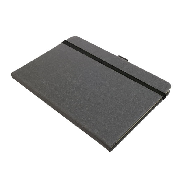 A recycled leather notebook with a hard cover, featuring a black elastic band for closure.