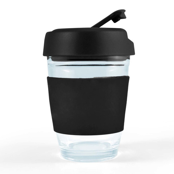 A reusable coffee cup with a transparent body and a black flip lid. The cup features a black silicone sleeve for grip.