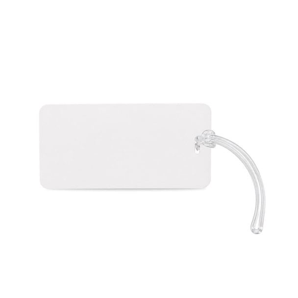A white luggage tag with a clear attachment. The tag is rectangular and blank, suitable for personalisation.