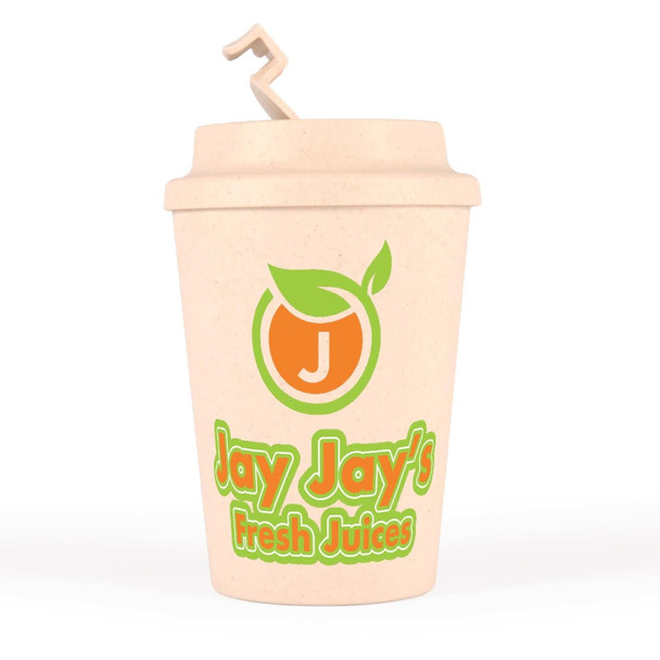 A reusable coffee cup in a creamy color with a twist lid and a logo, featuring green and orange accents.