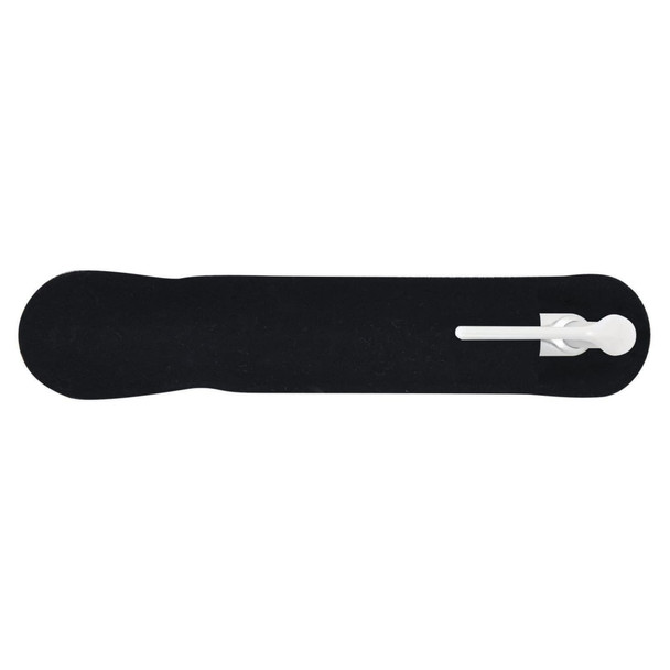 A plastic pen in a sleek, black design with a white writing tip.