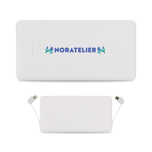A white power bank featuring integrated charging cables and a logo on the surface.