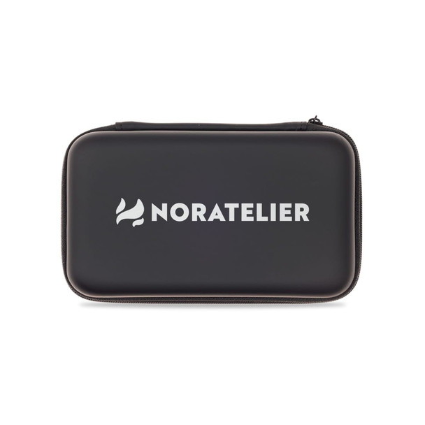 A black carrying case with a zip closure, featuring a logo on the front.