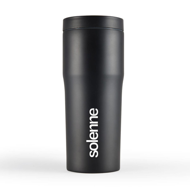 A travel mug in matte black with a logo featured prominently on the side.