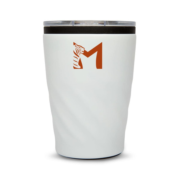 A reusable coffee cup in white with a textured design and a logo on the front.