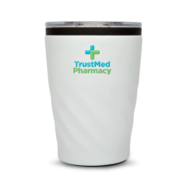 A reusable coffee cup in white with a textured design and a transparent lid, featuring a logo.