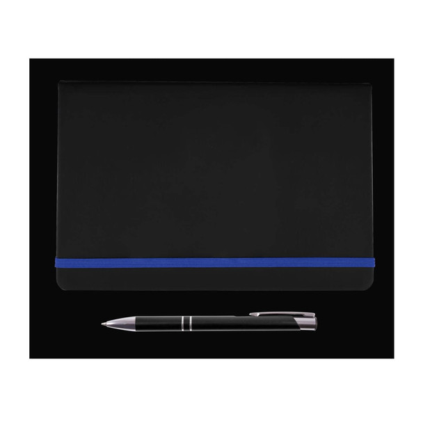 A black notebook with a blue elastic band and a silver pen.
