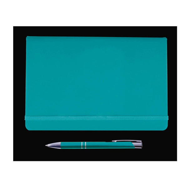 A teal folder and a matching pen, part of the Harmony Gift Set, designed for office and business use.