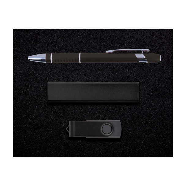 A black pen, a black USB drive, and a black holder, arranged on a dark textured background.