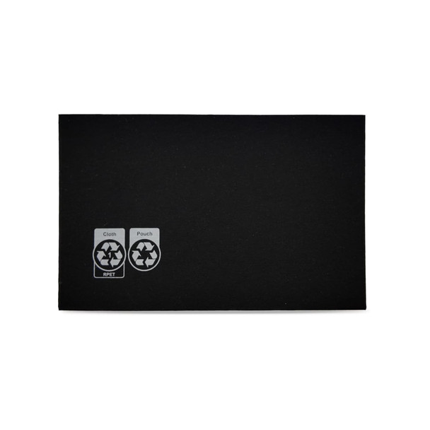 A black RPET microfibre lens cloth with labels for cloth and pouch, featuring a logo. A black RPET microfibre lens cloth with labels for cloth and pouch, featuring a logo.