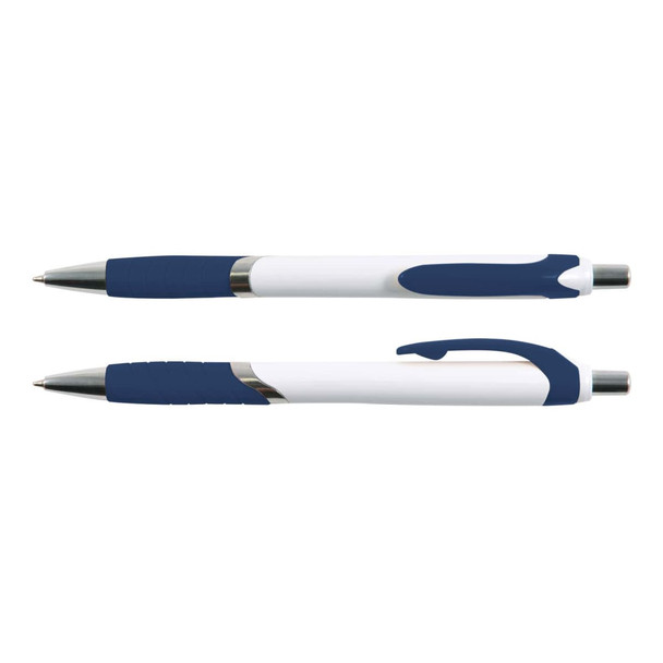 A pen, featuring a white body with navy blue accents and a textured grip. The design includes a clip for convenience.