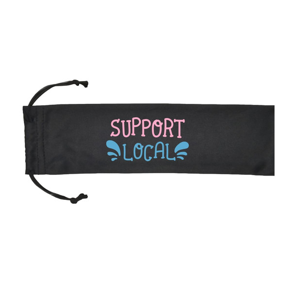 A black drawstring pouch with "SUPPORT LOCAL" printed in pink and blue. It features a simple design.