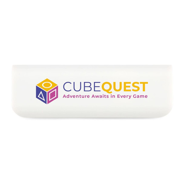 A white power bank with a compact design and a logo featuring colorful geometric shapes.