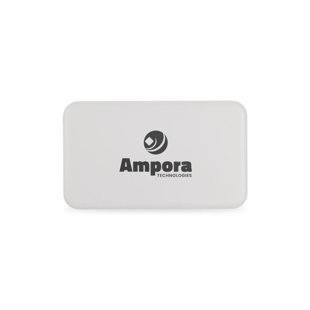 A white power bank featuring a logo, designed for charging devices on the go.