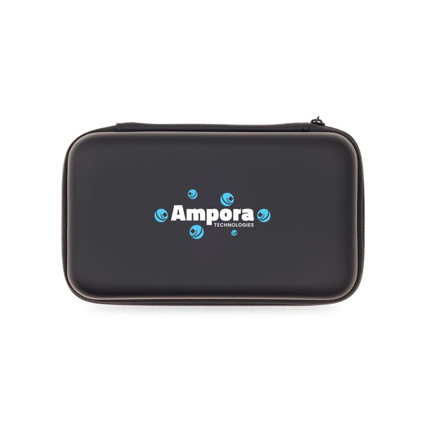 A black zippered case featuring a logo, suitable for carrying tech accessories.
