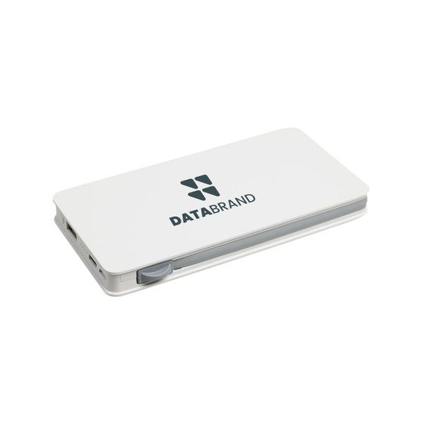 A white wireless power bank with a grey accent and a logo. It features USB ports for charging devices. A white wireless power bank with a grey accent and a logo. It features USB ports for charging devices.