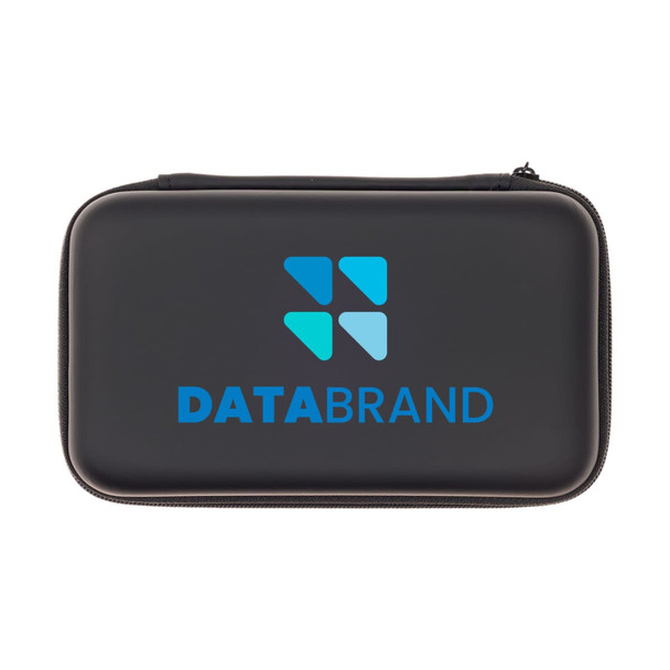 A black zippered case featuring a blue and light blue logo, designed for storing gadgets or accessories. A black zippered case featuring a blue and light blue logo, designed for storing gadgets or accessories.