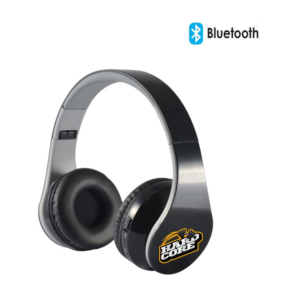 Bluetooth headphones in sleek black with padded ear cups and a glossy finish. Includes a logo on one ear cup.