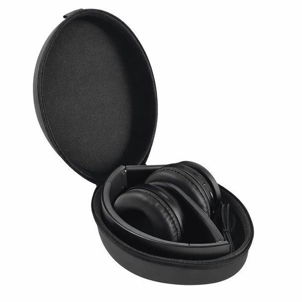 Black Bluetooth headphones in a zipped EVA case, featuring sleek design and cushioning for comfort.