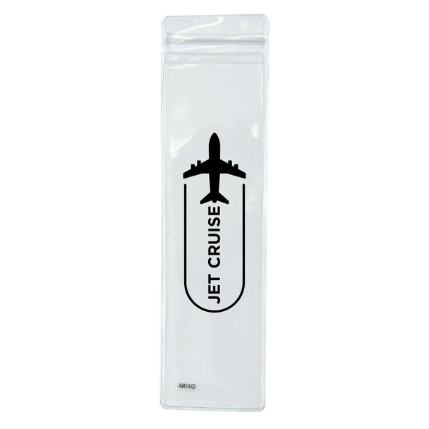 A clear packaging containing a charging cable with a logo featuring an airplane design.