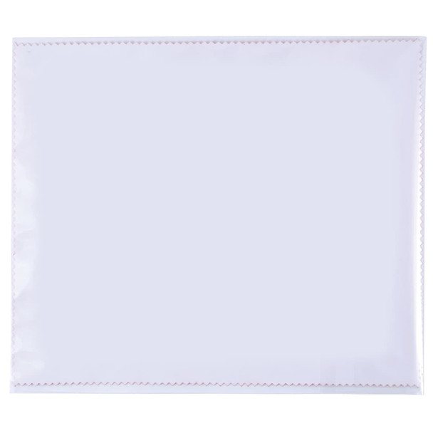 A white microfiber lens cloth with stitched edges, designed for cleaning screens and lenses.