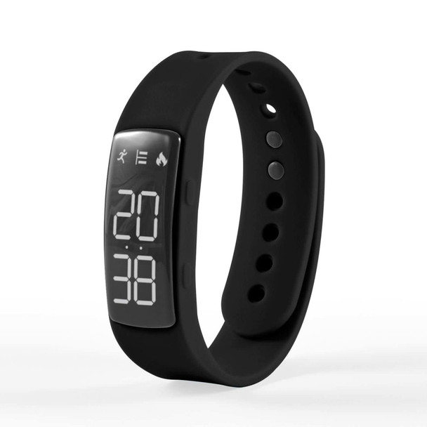 A sleek black pedometer with a digital display, featuring metrics for steps and distance.