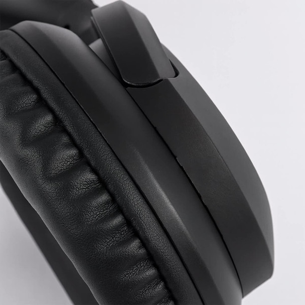 Black headphones with cushioned ear pads and a sleek design, featuring a branding logo on the side. Black headphones with cushioned ear pads and a sleek design, featuring a branding logo on the side.