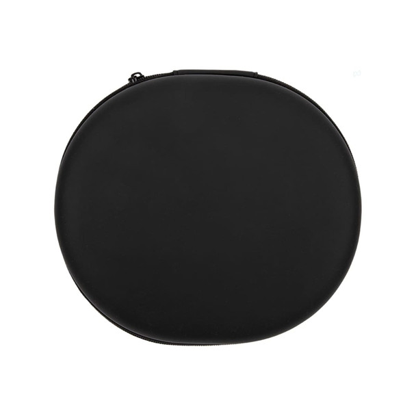 A round, black case designed for storing headphones, featuring a zip closure and a smooth exterior.