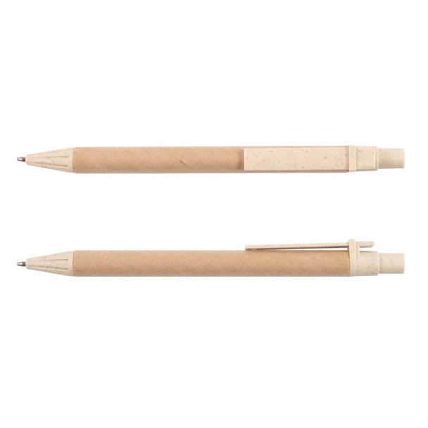 A brown eco-friendly pen with a textured surface and contrasting cream-colored details. It has a logo on one side.