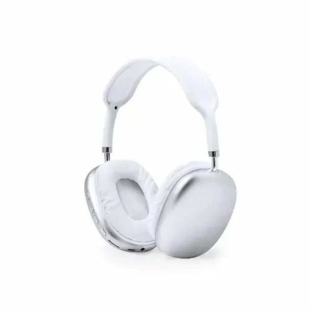 A pair of white headphones with a sleek silver finish and padded earcups. The design includes a logo.