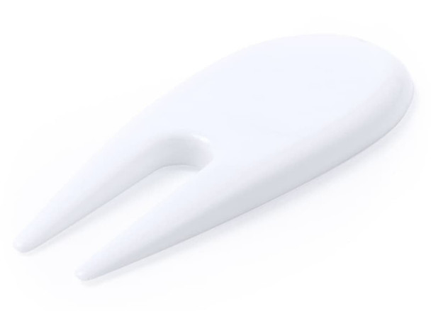 A white golf tee marker with a forked design, featuring a smooth surface and an integrated logo.