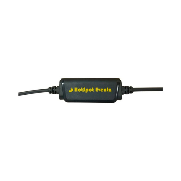 A black audio adapter with a logo, featuring a connector cable on either end.