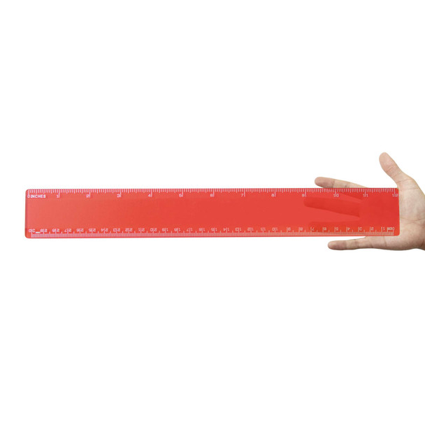 A red transparent 30cm ruler is being held in a hand. The ruler features clear measurement markings along its length.