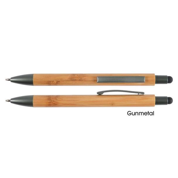 A bamboo pen and stylus set featuring a gunmetal clip and tip, shown from two angles.