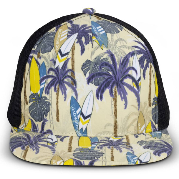 A flat peak mesh cap featuring a tropical palm and surfboard print with black mesh sides and a light background. A flat peak mesh cap featuring a tropical palm and surfboard print with black mesh sides and a light background.