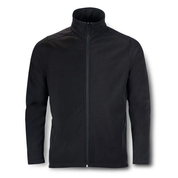A black softshell jacket with a high collar and zip front, featuring side pockets and a logo.
