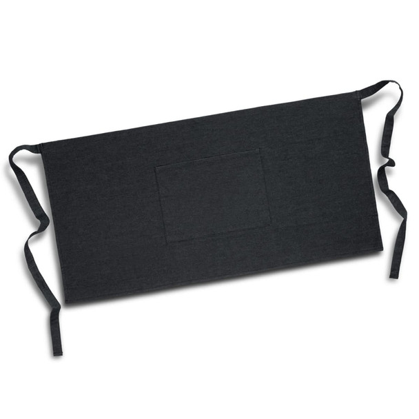 A black denim waist apron featuring a front pocket and ties for adjustment. It has a logo or branding.
