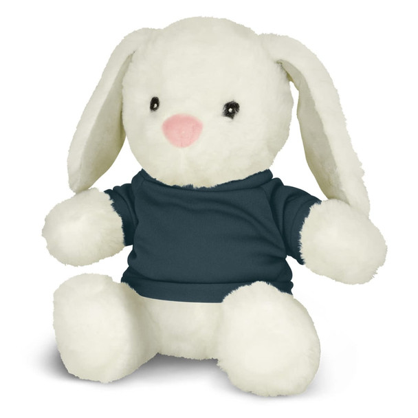 A soft plush rabbit toy with white fur and a teal sweater, featuring a pink nose and black eyes.
