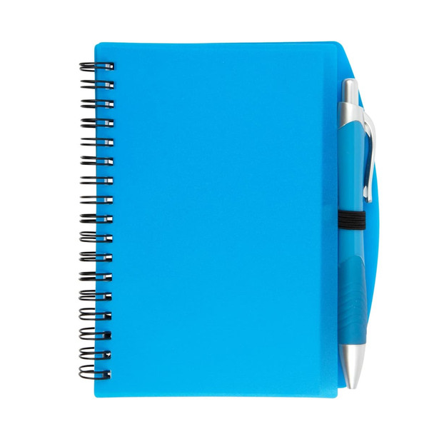 A blue Scribe Spiral Notebook accompanied by a matching pen, designed for office and business use. A blue Scribe Spiral Notebook accompanied by a matching pen, designed for office and business use.