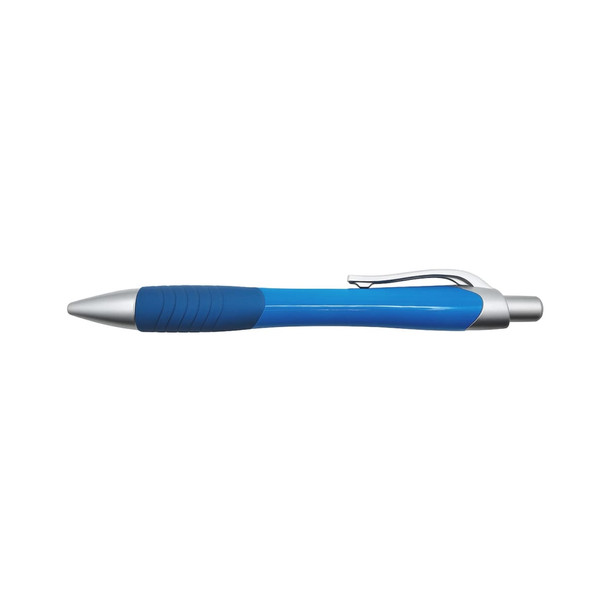 A blue pen with a silver tip and clip, featuring a textured grip for comfort.