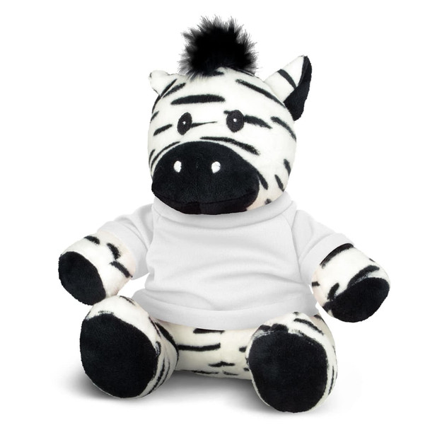A plush zebra toy in black and white, featuring a white shirt and a tuft of black fur on its head.