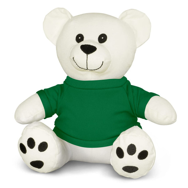 A Cotton Bear Plush Toy with a white body and a green shirt, featuring black paw prints and facial details.