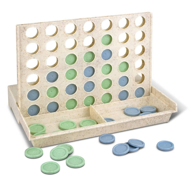 A Four in a Row game with a light-coloured board and blue and green game discs scattered around.