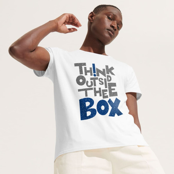 A man wearing a white T-shirt featuring a graphic design in grey and blue. The shirt has a logo. A man wearing a white T-shirt featuring a graphic design in grey and blue. The shirt has a logo.