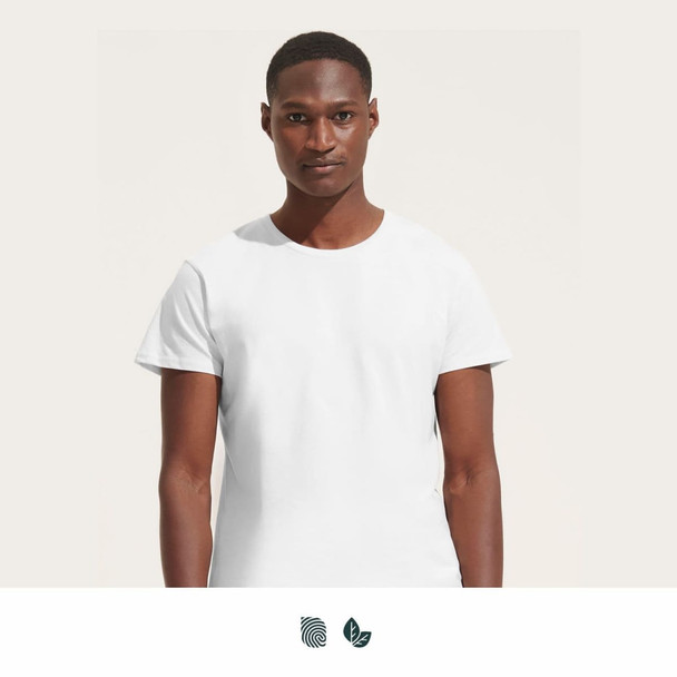 A plain white men's organic T-shirt featuring a round neck and short sleeves, displayed on a model. A plain white men's organic T-shirt featuring a round neck and short sleeves, displayed on a model.
