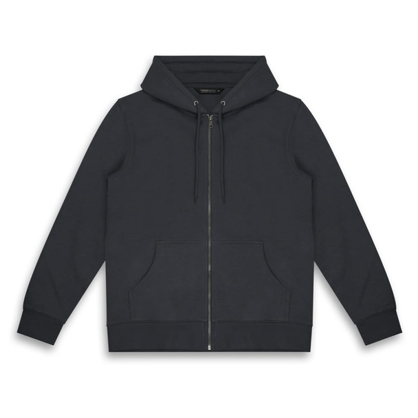 A unisex hoodie in a dark colour, featuring a zip-up front and two front pockets. It has a hood and drawstrings.